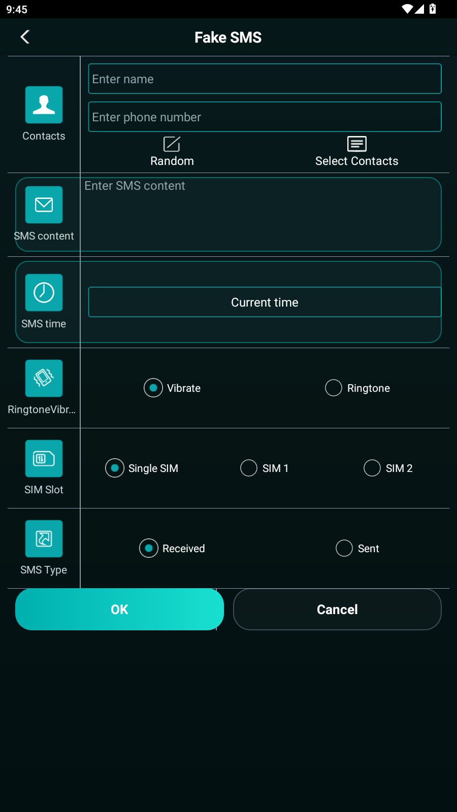 Fake SMS screen