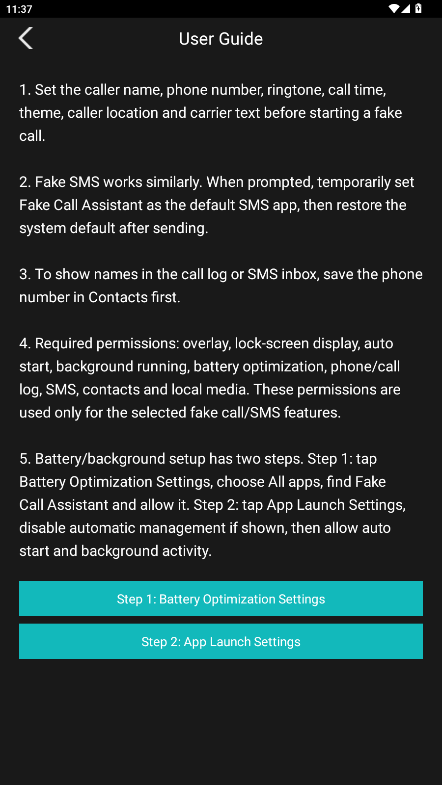 User Guide screen